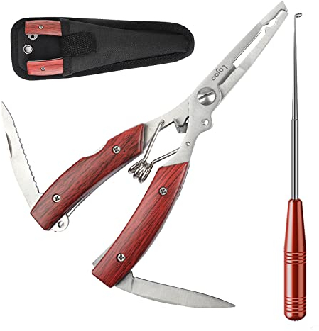 LaJao Fishing Pliers Scissors Curved Forceps With Lip Gripper, Hook Remover, Split Ring Line Cutter - Multi Tools Accessories Tackle Kit With Sheath for Fresh and Sea Fishing