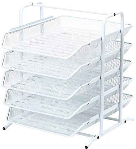 EasyPAG 5 Niveles Metal Malla Oficina A4 Escritorio Bandeja Documento Soporte Archivos Organizador Revistero Almacenamiento Papeles Clasificador Carta Estante Folios,Blanco