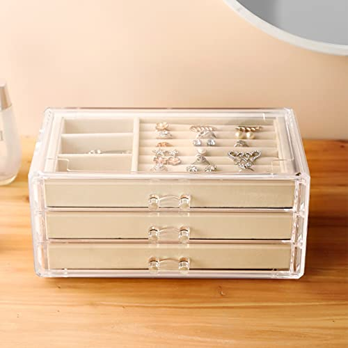 RMAN Schmuckkästchen für Damen 3 Schich, Schmuckaufbewahrung aus klarem Acryl, Schmuckschatulle für Ringe Ohringe Halskette, Beige