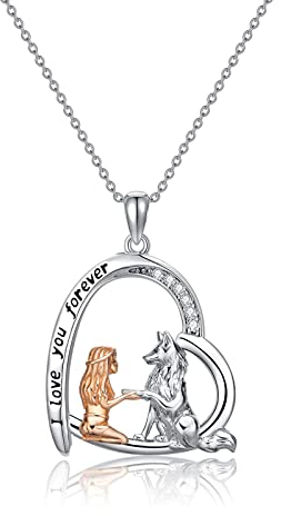 CUPENDA Wolf Halskette Sterling Silber Wolf mit Mädchen Herz Anhänger Halskette Tier Wolf Schmuck Geschenke für Frauen Freundin