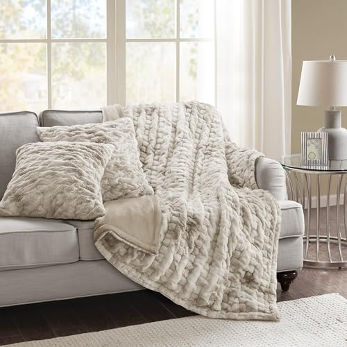 Comfort Spaces Ruched Faux Fur Plush Throw Blanket and Pillow Set with 2 Matching Square Pillow Covers Sofa Throw Blanket for Living Room, Chair, Couch, Home Office Fuzzy Soft Tan Tie Dye 50x 60