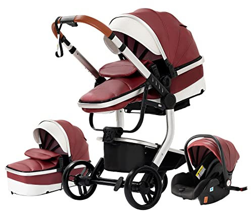 3 in 1 Kombikinderwagen 3 in 1 Reisesysteme Kinderwagen Infant Hochlandschaft Liegender Buggy Kinderwagen Neugeborenen Kinderwagen Faltbarer Standardkinderwagen (518 Red)