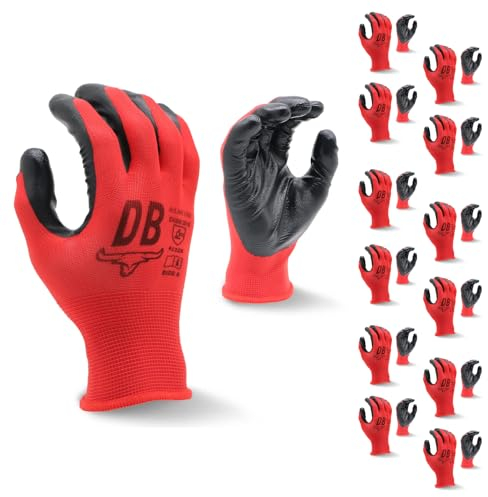 Durabull Work Gloves - 12 Pairs. Protective Safety Gloves For Working & General Use. Nitrile Coated With Secure Fit & Anti-Slip Grip. Heavy Duty, Oil Resistant Gloves - (NR1390, Size 10, Red).