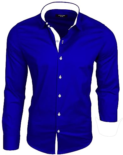 Subliminal Mode - Chemise Homme Coupe Ajuster Col et Manche Bicolore avec Un Repassage Facile Manches Longues Casual S500 Couleur Bleu Roi Taille L