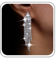 Atentuyi Glänzende Strass Quasten Ohrringe - Silber Kristall Baumelnde Hochzeits CZ Tropfen Bräute Schmuck - Lange Kette Kronleuchter für Frauen und Mädchen