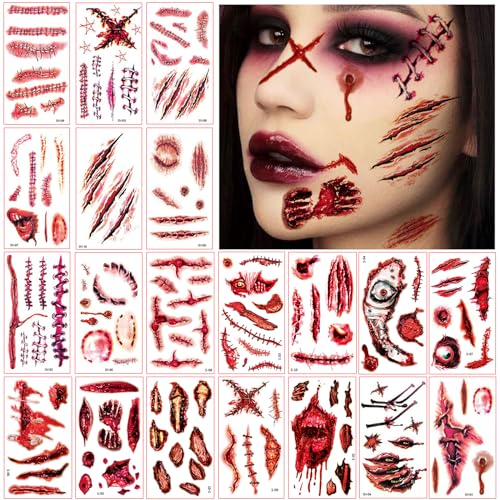 Narben Tattoo Halloween,20 Blatt Halloween Tattoo Gesicht,Halloween Tattoo Wunden Gruselig Blut Tattoo Halloween Make Up Tattoo für Körper Face Mund Kostüm Party Vampir Zombie Cosplay Halloween Deko
