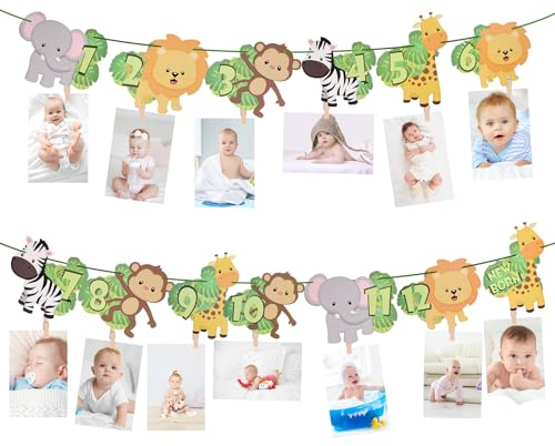 Foto Girlande 1 Geburtstag Ersten Geburtstag Girlande Foto Banner, Dschungel Safari Foto Banner 1.Geburtstag Girlande 12 Monate Set für Junge Mädchen Party Taufe Geburtstagsdeko