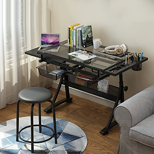 Table à dessin, bureau à dessin réglable en hauteur/angle, table à dessin avec une table d'appoint, un tabouret et deux tiroirs, plateau en verre trempé, pour peindre, écrire et étudier beautiful