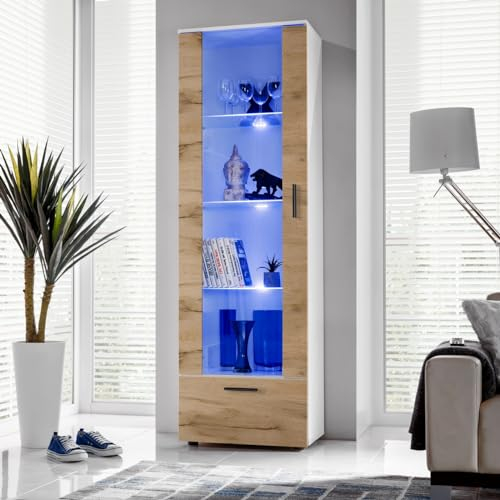 Komodee, Vitrine Schrank Alessandria, Weiß/Wotan, Breite 60cm x Höhe 192cm x Tiefe 42cm, LED Blau, 3 Glasböden, 1 Regal aus laminierter Platte, für Wohnzimmer, Schlafzimmer