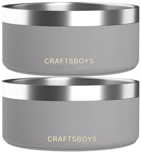Craftsboys Dog Bowl, Dog Food Water Bowl with Non-Slip Rubber Base, Stainless Steel Dog Bowls, Double Wall Dog Bowl Small Medium Large Dogs, 32oz, Pack of 2 (Grey)