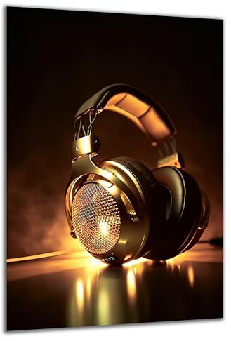 DARO Design - Wand-Bild auf 6mm HDF 84x56 cm Musik goldene Kopfhörer - Wand-Deko Bilder Geschenk