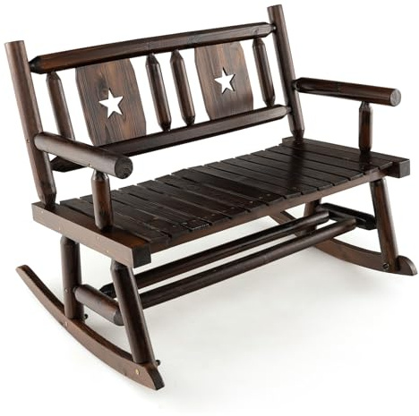 RELAX4LIFE 2-Seater Garden Bench, Carbonized Wood Patio Rocker Chair with Ergonomic Backrest, Armrests & Crossbars, Outdoor Furniture Rocking Loveseat for Backyard Porch Balcony