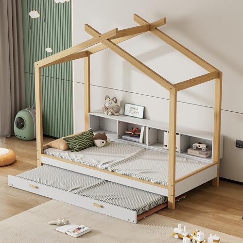 SOFTWEARY Hausbett mit LED-Beleuchtung, Tür und Regal, 90x200cm, Kinderbett ohne Lattenrost, Einzelbett, Metallbett