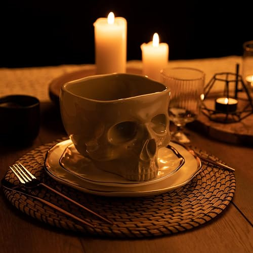 Fecheche Food Safe Skull Bowl for Eating, Ceramic Skull Shaped Bowl for Cereal Pasta & Ice Cream, Gothic Tabletop Skeleton Head Shaped Decor (small)