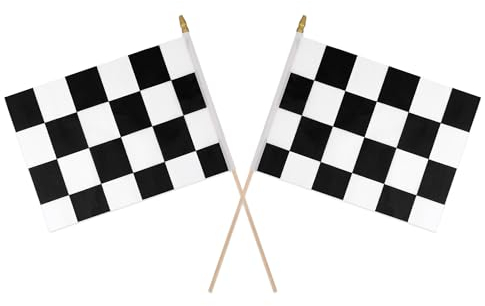 2pcs 20x28cm Drapeau à Damier, Drapeaux Noirs et Blancs avec Dessus de Lance, Réutilisable Drapeau de Voiture de Course pour Enfants Anniversaire Fête à Thème Événements Sportifs Fournitures