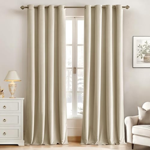 MIULEE Vorhang Samt Hellbeige mit Ösen 140x225 CM, Super Weich Samtvorhang für Deko Schlafzimmer Wohnzimmer, 2 Stück Samt Gardinen Blickdicht Verdunkelung, Dicker Thermovorhang Winter