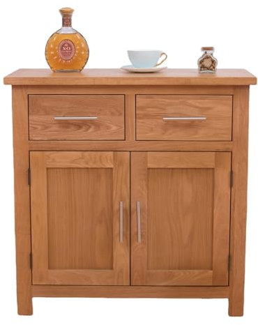 Kemtpase Oak Small Sideboard with 2 Drawers & Cupboard, Oak Wooden Sideboard with Adjustable Shelves, Wide Storage Dresser, Cabinets for Living Room & Bedroom