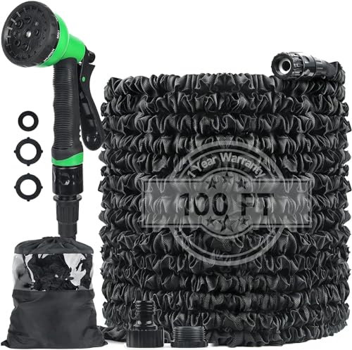 Hose Pipe 100FT Expandable Garden Hose with 8 Function Spray Nozzle, 1/2& 3/4 ABS Connectors, Lightweight Expanding Hose Pipe with 3 Layer Latex