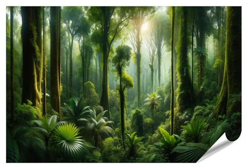 islandburner XXL Bild Poster Lichtdurchfluteter Regenwald mit hohen Bäumen und Farnen Premium Bilder Fotodruck