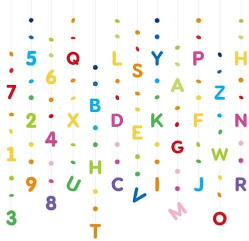 GEBETTER 12Pcs Guirnaldas Colgantes Multicolor Doble Cara Letras Números Puntos Decoración Aula Clase Vuelta al Cole Guardería Escuela Habitación Infantil Fiesta Cumpleaños Niños Pared Techo Colores