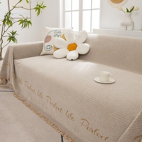 Bishilin Sofabezug Ecksofa 4 Sitzer, Couchbezug Nordisch Katzenschutz Khaki mit Spruche und Quasten 180x400CM Couch Überwurf Sofaüberwurf Chenille