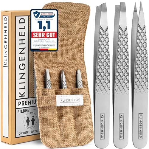 KLINGENHELD® Profi Pinzetten-Set mit ComfortGrip-Spitzen & Anti-Rutsch Griff - Maximaler Halt & höchste Präzision - inkl. Baumwoll-Etui 100% plastikfrei & nachhaltig - Pinzette Augenbrauen zupfen