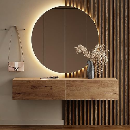 Planetmöbel Flurgarderobe 1x 160 cm | Spiegel rund mit Beleuchtung 100 cm, Gold Eiche, Flur Möbel mit Spiegel, 37,8T x 160B x 32,5H cm