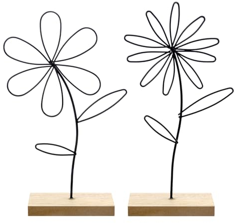 DAKLUNAR Aufsteller Blume 2er Set Premium Metall-Blume auf Holz-Sockel, Dekoaufsteller Blumen Arrangement Ornamente, Metallring Blumen Dekoring, Deko-Blume aus Metall zum Hinstellen und Verschenken