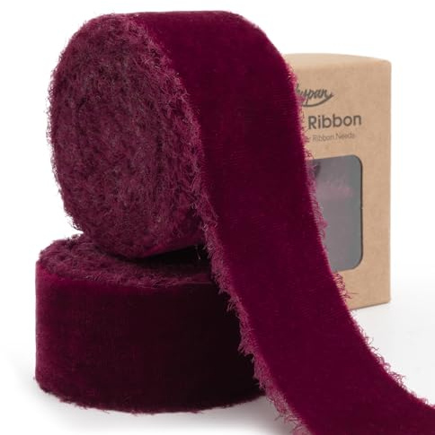 Keypan Bordeaux samtband 3,8 cm breit ausgefranste Vintage Bänder für Weihnachtsbaum Haus Dekor Kranz Handwerk Ornamente Geschenkverpackungen,5,5 m