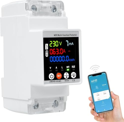 DEWIN Contatore Energia Elettrica WiFi,63A AC230V Misuratore Consumo Elettrico WiFi Automatica Protettore di Sovratensione e Sottotensione WiFi Scaricatore di sovratensione 220V (Tensione Regolabile)