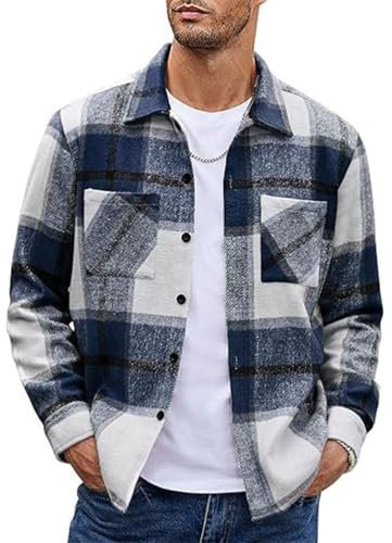 Oanviso Chemise à Carreaux Homme Manches Longues Chaud Chemises en Flanelle Mode Vintage Chemise Oversized Outwear Blousons Décontracté Veste avec Boutons A Marine 3XL