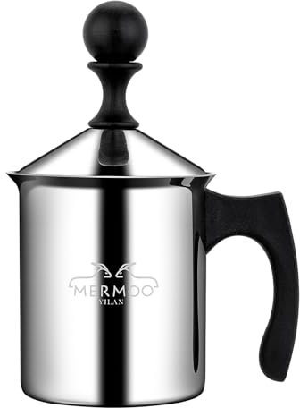 MERMOO YILAN Milchaufschäumer 304 Edelstahl Milchschäumer Doppelsieb, Kalt/Hot Schaum für Lattte, Cappuccino, leicht zu reinigen, perfekt für Reise Camping Büro (Silber)
