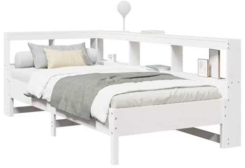 vidaXL Massivholzbett mit Regal ohne Matratze Weiß 100x200 cm Kiefer, Holzbett mit Regal, Massivholzbett mit Regal, Bett, Holzbett mit Bücherregal