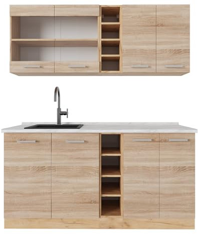 Vicco Single küche R-Line, Küchenzeile Single, Sonoma/Goldkraft Eiche, 160 cm, AP Marmor