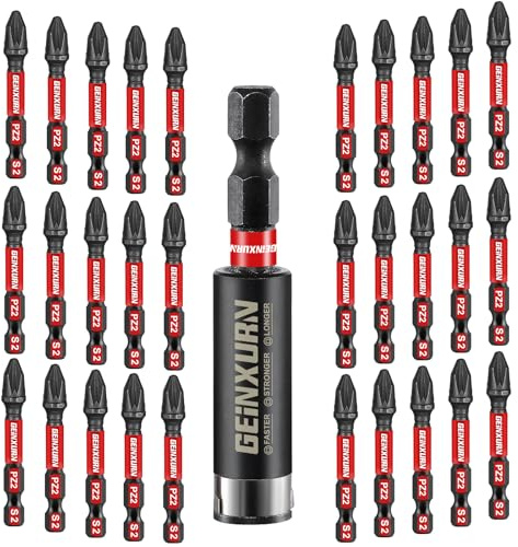 Geinxurn 30-Piece PZ2 Screwdriver Bit Set, 50 mm Length #2 Pozidriv 1/4 Inch Hex Shank S2 Alloy Steel Impact-Resistant Bit Set with 1 Piece 60 mm Magnetic Bit Holder