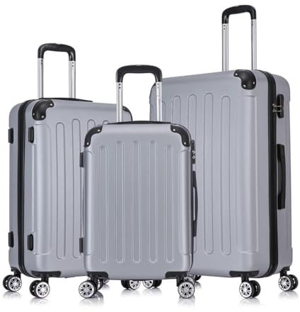 yonsly® Koffer Set, 3 Teilig Trolleyset Reisekoffer, Hartschalenkoffer Suitcase, Handgepäck Gepäck-Sets mit 360° Gummirollen, Zahlenschloss, Hartschale, M(20″), L(24″) und XL(28″), Silber