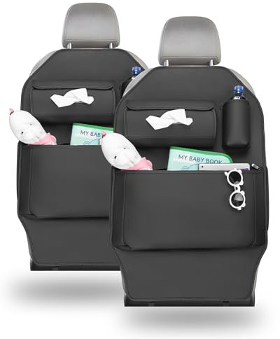 EVMODS Auto Organizer, Autositzschoner, Rückenlehnenschutz Auto Kinder, Wasserdicht & Universell, Leder Faltenfrei & Reißverschluss-Tasche, 2er Set