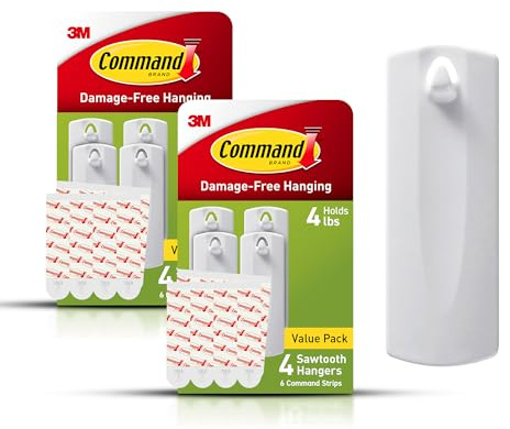Command Sawtooth Picture Hangers, Damage Free Hanging Frame Hangers, No Tools Wall Hooks for Hanging Sawtooth Frames in Living Spaces, 8 White Picture Frame Hangers and 16 Command Strips