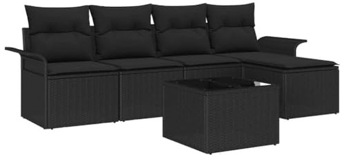 vidaXL 6-teiliges Gartensofa-Set mit Kissen, Outdoor-Möbel, verstellbares modulares Design, Schwarze wetterfeste Lounge, Patio-Sitzgelegenheiten, Rattan-Couch für Terrasse und Garten, Ecksofa