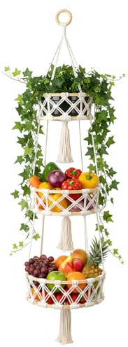 3-stöckiger Obstkorb Hängend aus Baumwollseil – Handgeflochtener Hängekorb für Küche Makramee (110 cm Länge) - Platzsparende Aufbewahrung für Obst & Gemüse, Wandkorb mit Haken, Böhmisches Design
