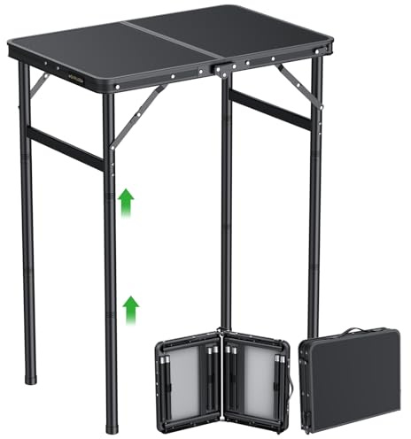 GARLLEN 2ft Folding Camping Table, 3 Adjustable Height Lightweight Picnic Table, Portable Aluminum Grill Table for Outdoor, Camping, Grill, Threaded Install, 23.6 L x 15.7 W, Black