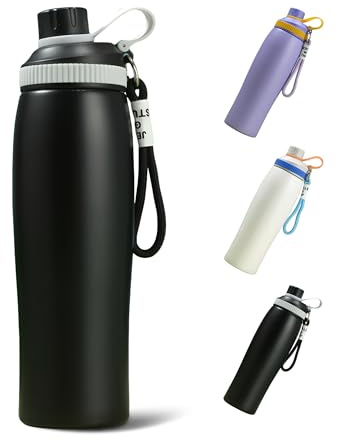 FitDA Stainless Steel Water Bottle - 600ml, Sports Insulated Metal Water Bottle with Hook Rope, Double Wall Insulated Bottles Ideal for Work, Gym, Sports (Black)