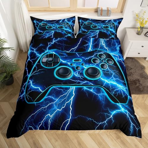 Homewish Gaming King Size Duvet Cover Set Gamer Bedding Sets - Video Game Consoles Comforter Cover Blue Lightning Bed Sets - Gamer Room Decor for Boys