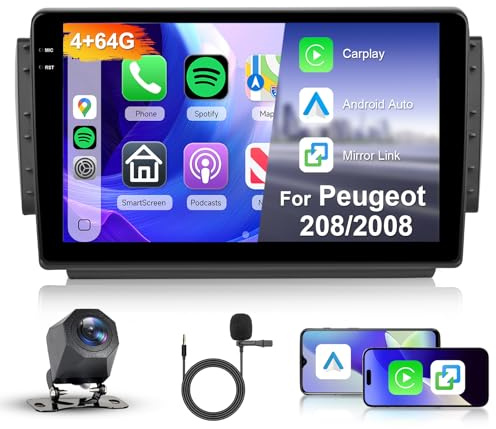 Hodozzy 4GB+64G Autoradio per Peugeot 208/2008 2012-2018 Android 10 Pollici InCell Touch Schermo Radio Carplay Wireless Android Auto, Auto Stereo 2 Din Bluetooth DSP GPS WiFi Radio FM RDS Telecamera