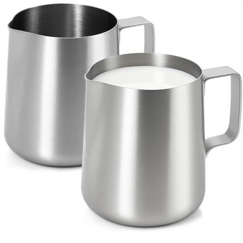 com-four® 2x pichets à lait inox 380 ml – verseuse robuste avec poignée – pot à mousser pour lait, crème & sauces – durable & lavable au lave-vaisselle (2x argent - 380 ml)