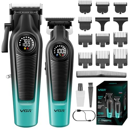 VGR 196 & 996 Haarschneidemaschine Set Profi mit 10 Führungskämme, 1 Kamm | Kabelloses Friseur Set mit Keramisch Titanbeschichteter Klinge, Harrschneidermaschine Herren Profi mit LED Display
