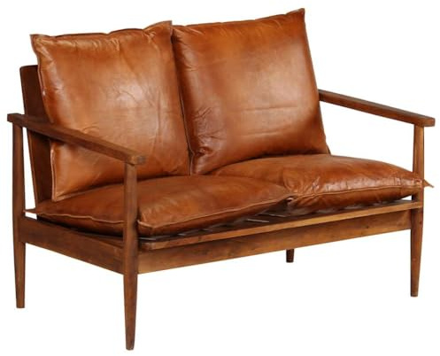 SKTQYQO 2-Sitzer-Sofa aus Echtleder mit Rahmen aus massivem braunem Akazienholz, robuste Struktur und glänzende Oberfläche, elegant und bequem, mit Polsterung