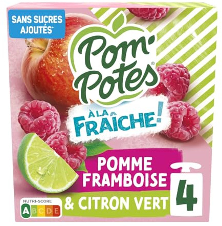 POM'POTES - Compotes Pomme Framboise Citron | Saveurs onctueuses et gourmandes | Idéal pour les desserts | la boite de 4 gourdes de 90g | LOT DE 4