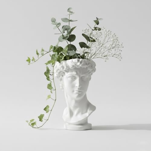 Vaso Busto David di Michelangelo, Scultura Decorativa in PLA Bianco, Stile Classico Rinascimentale, Organizer per Pennelli Trucco e Penne, Made in Italy