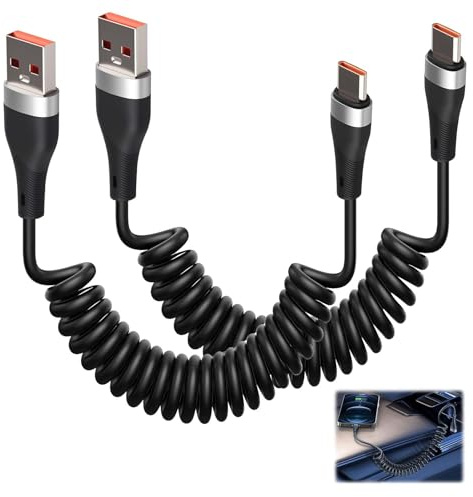 2PCS Coiled USB C Cable for Car, Short [0.3m-1.2m] TypeC Cable, Fast Charge Coiled USB A to USB C Lead, Spring Data Transfer for Samsung Galaxy S26 S25 S24 S23, iPhone 17 16 15 Pro,Google Pixel